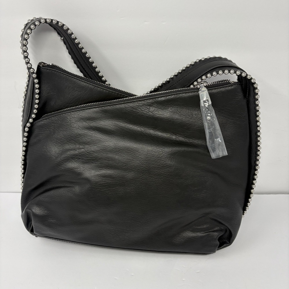 INC International Concepts Black Studded Shoulder Bag Silver Beaded Purse New